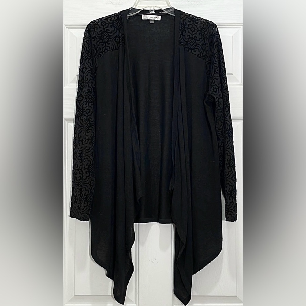 August Silk Black Handkerchief Cardigan w/ Mesh Design Sleeves